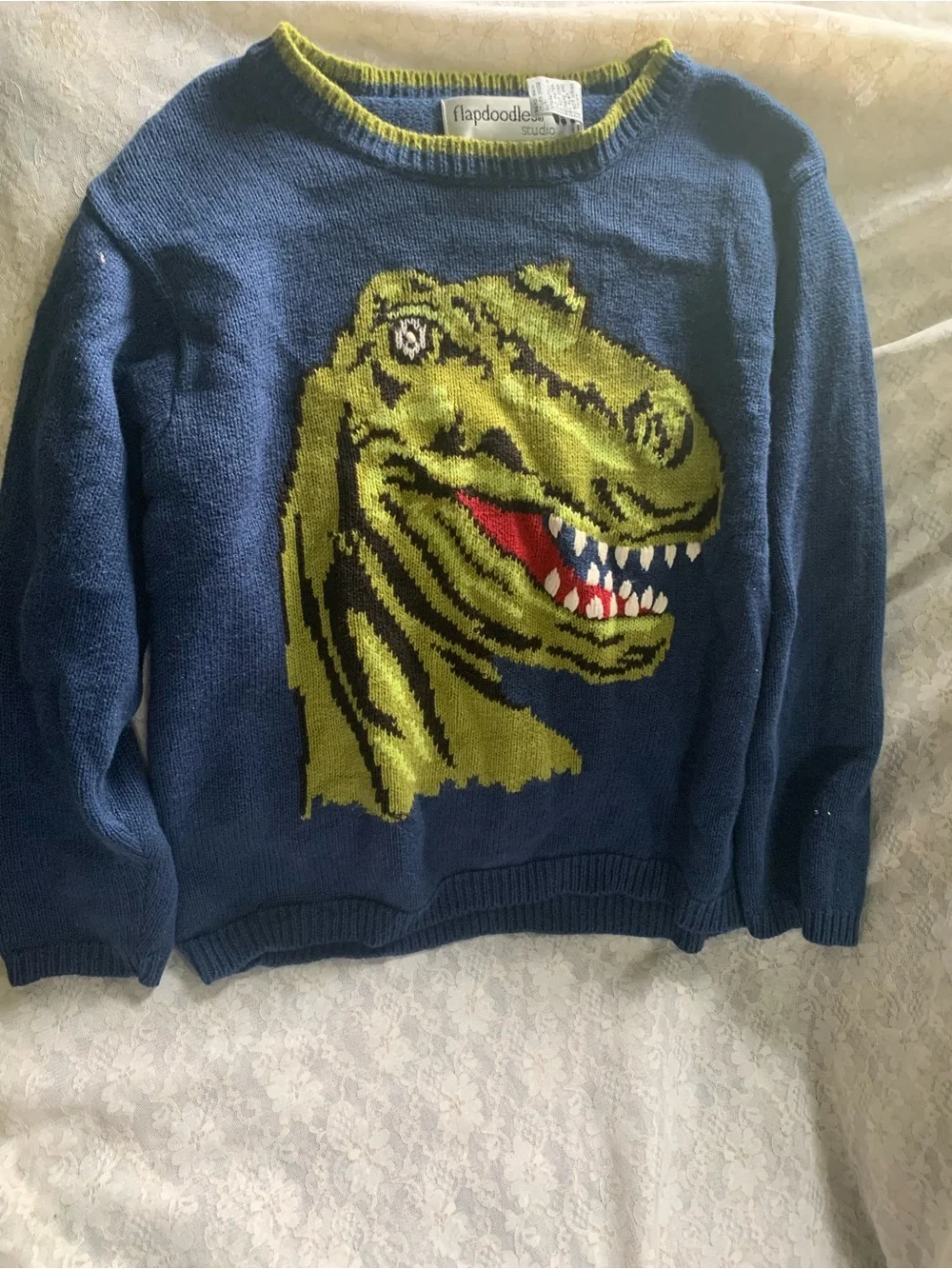 Vintage Flapdoodles Studio Kids 6 Blue Ramie Cotton T-Rex Dinosaur Knit Sweater